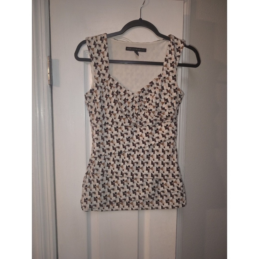 White House Black Market Geometric Print Tiered Pleated V-Neck Blouse XS